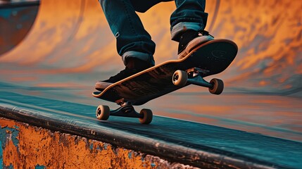 Legs of a skateboarder on a board, accurately performing a kickflip, against the backdrop of a bright concrete landscape of a skate park