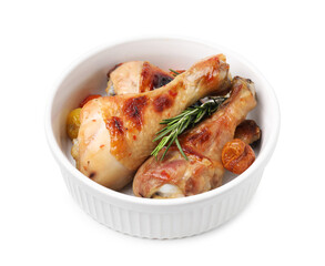 Delicious roasted chicken drumsticks with rosemary and tomatoes in bowl isolated on white
