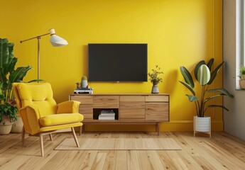 modern interior design of yellow living room with tv on cabinet and armchair, wall mock up