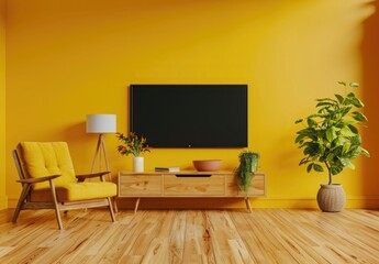 modern interior design of yellow living room with tv on cabinet and armchair, mock up