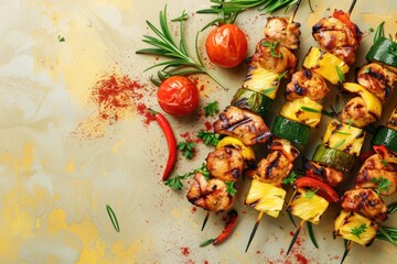 Grilled Chicken and Pineapple Skewers with Fresh Vegetables on Vibrant Background