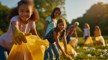 Diverse group of volunteers wearing gloves and holding trash bags, actively picking up litter in a lush green park