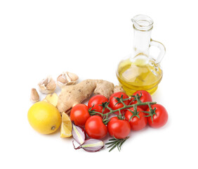 Different fresh ingredients for marinade on white background