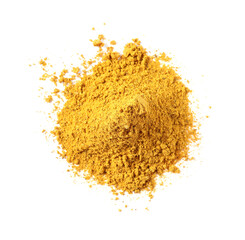 Pile of dry curry powder isolated on white, top view