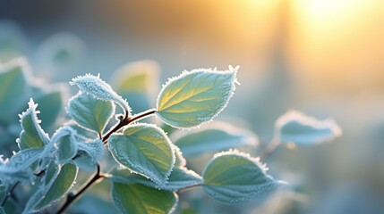 Fototapeta premium Close-up of leaves covered with frost in the morning sun.