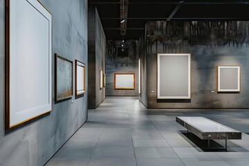 In a modern art gallery, empty frames stand out against muted grey walls, evoking a sense of understated elegance in the absence of content.