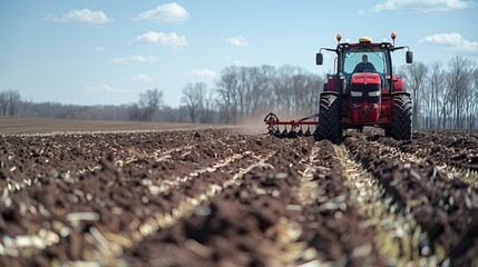 Fototapeta premium A tractor sowing seeds in a freshly plowed field.