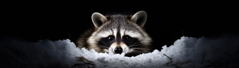 Obraz premium A curious raccoon peers out from under the snow in the night