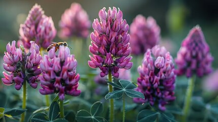 A field of purple clover flowers attracting bees and butterflies. - Powered by Adobe