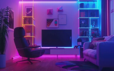 Modern interior of the living room with a TV, armchair and bookcase illuminated in neon light colors. Interior design