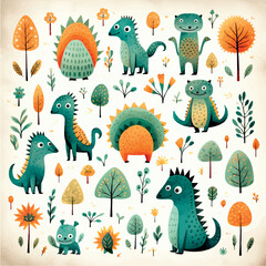 Cartoon illustration for children with funny dinosaurs. Creative ornament with dinosaurs, monsters, animals. Fictional animals, fantasy characters art creative pattern print. Cartoon dinosaurs.