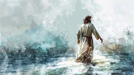 jesus walking on water miracle scene from the bible digital watercolor painting illustration