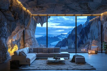 modern living room in the interior of a cave, a mountain landscape outside the window, at night time, with volumetric lighting, rendered in a photo realistic style.