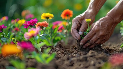 Gardener tending to blooming flowers, closeup of hands planting in rich soil, colorful garden backdrop, natural setting