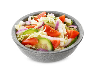 Tasty salad with Chinese cabbage, tomato and cucumber in bowl isolated on white