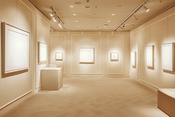 Inside a minimalist art gallery, a collection of empty frames is arranged on sleek cream-colored walls, offering viewers varied perspectives to appreciate the allure of negative space. 