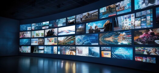 A bank of monitors showing a diverse range of images and videos.