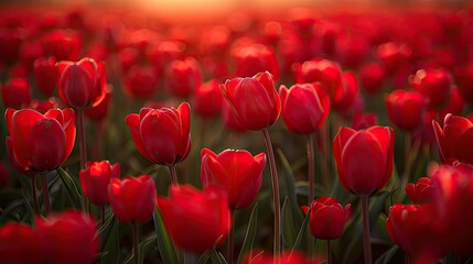 A field of bright red tulips in full bloom.