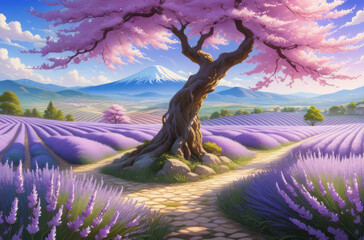 A fantastic landscape with a lavender field, trees, mountains and sakura.