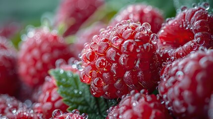 A close-up of ripe raspberries covered in morning dew.