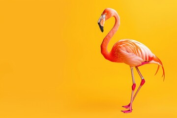 Photo of A pink flamingo standing on an isolated yellow background, full body