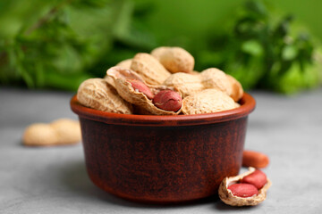 Fresh unpeeled peanuts in bowl on grey table against blurred green background, closeup