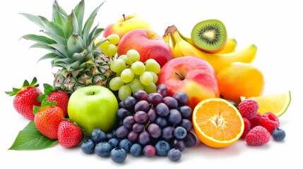 A variety of fruits are arranged in a pile.