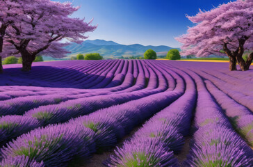 A fantastic landscape with a lavender field, trees, mountains and sakura.