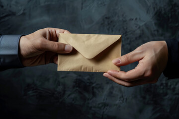 Hand of a corrupt businessman or politician is offering a bribe given in the form of a brown envelope of money to do an illegal business. Corruption and bribery concept
