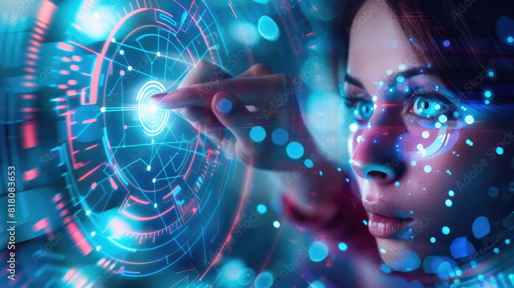 Aufkleber a woman is pointing at a futuristic screen, showing a high-tech interface with digital information a