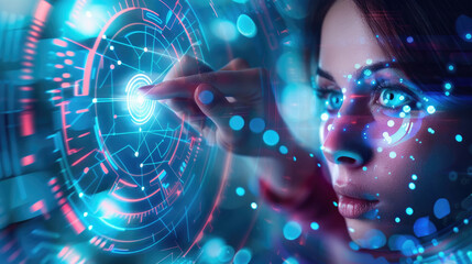 A woman is pointing at a futuristic screen, showing a high-tech interface with digital information and graphics