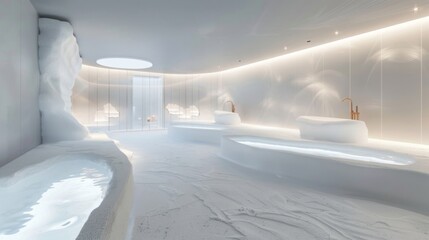 A serene, modern spa room with snow-themed decor features sleek white interiors, ambient lighting, and luxurious seating areas, creating a tranquil atmosphere.