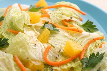 Tasty salad with Chinese cabbage on plate, closeup