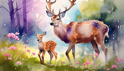 watercolor painting illustration of deer with his little cute cub