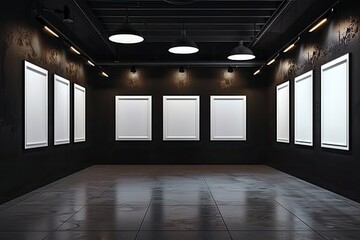 Urban sophistication, sleek black walls, a grid of white empty frames, softly illuminated by ceiling lamps.