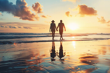 Senior couple walking on the beach holding hands at sunrise, plan life insurance at retirement concept
