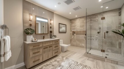 Contemporary bathroom featuring a glass shower, floating vanity, and stylish decor
