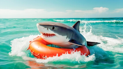 Fototapeta premium Sharks in the sea. Cheerful smiling shark in an orange lifebuoy in sea water 
