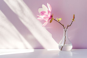 Single Pink Magnolia Flower in Glass Vase with Soft Sunlight, Minimalist Elegance