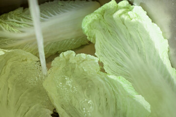 Pouring tap water on Chinese cabbage leaves in sink, closeup