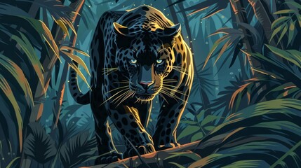 majestic black panther prowling in dense jungle powerful feline predator wildlife illustration