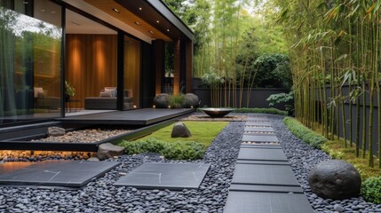 Obraz premium Contemporary home garden featuring a minimalist stone pathway, sculptural elements, and bamboo