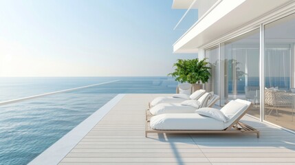 Fototapeta premium Two white lounge chairs on a balcony facing the vast ocean, under a clear blue sky on a sunny day.