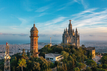 Fototapeta na wymiar Ancient church on hill in Barcelona. Bird eye view
