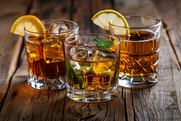 Selection of alcoholic drinks on rustic wood background
