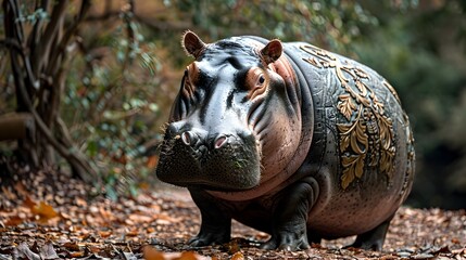 Hippopotamus Adorned with Baroque Flower Pattern on Its Shell in a Forest Setting Generative ai