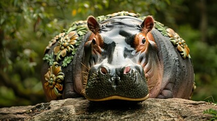 Hippopotamus Adorned with Baroque Floral Pattern on its Shell in a Forest Setting Generative ai
