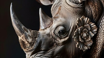 Baroque Floral Pattern Adorns Majestic Rhinoceros in Closeup Portrait Generative ai