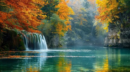 Fototapeta na wymiar Nature's Beauty: A breathtaking landscape featuring a lush forest with a crystal-clear river flowing through it. The vibrant colors of the trees and the serene water create a sense of tranquility and 
