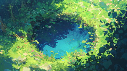 illustration of a pond in a fairy tale forest seen from above